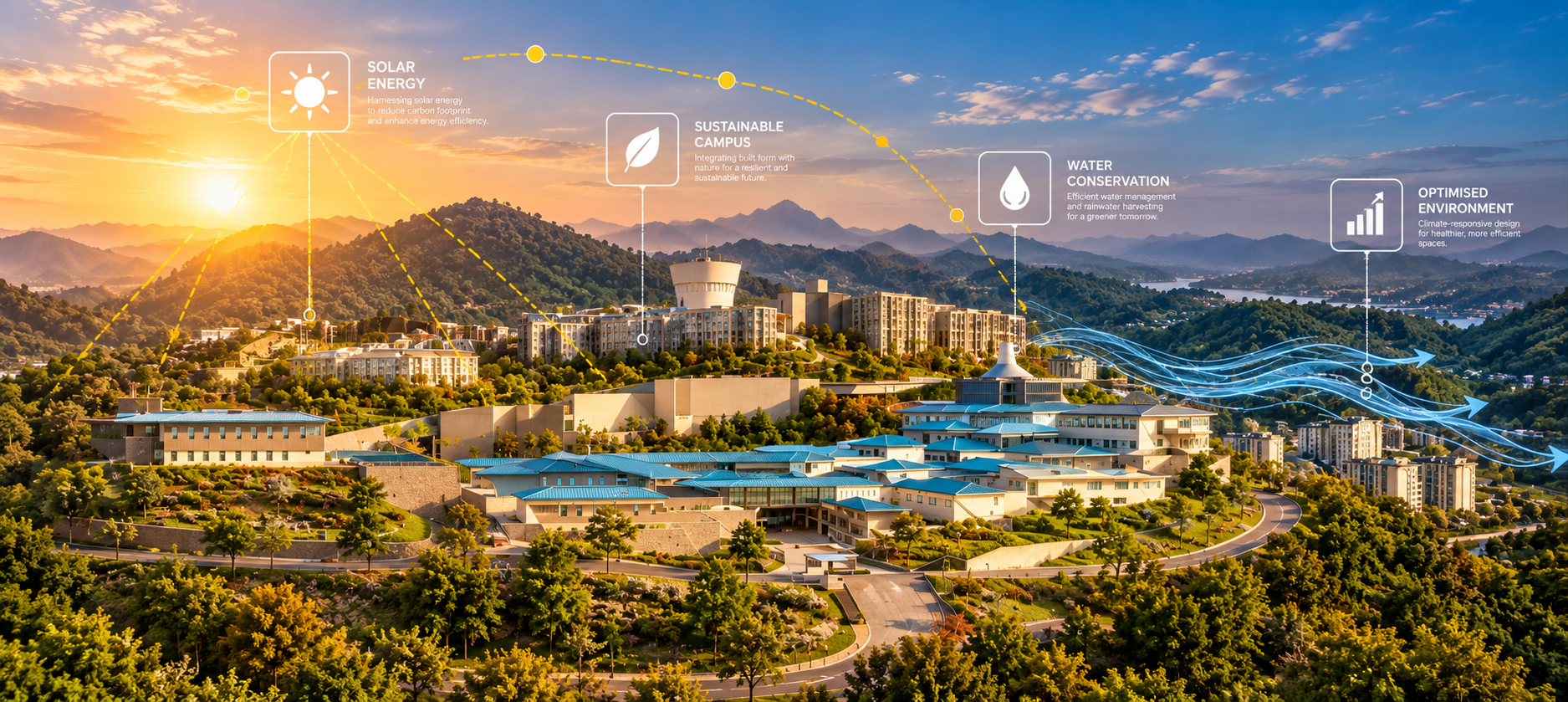 Sustainable contemporary campus surrounded by landscape