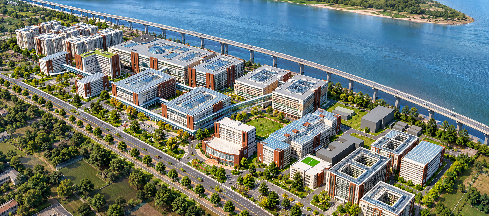 Aerial master plan view of the PMCH healthcare campus